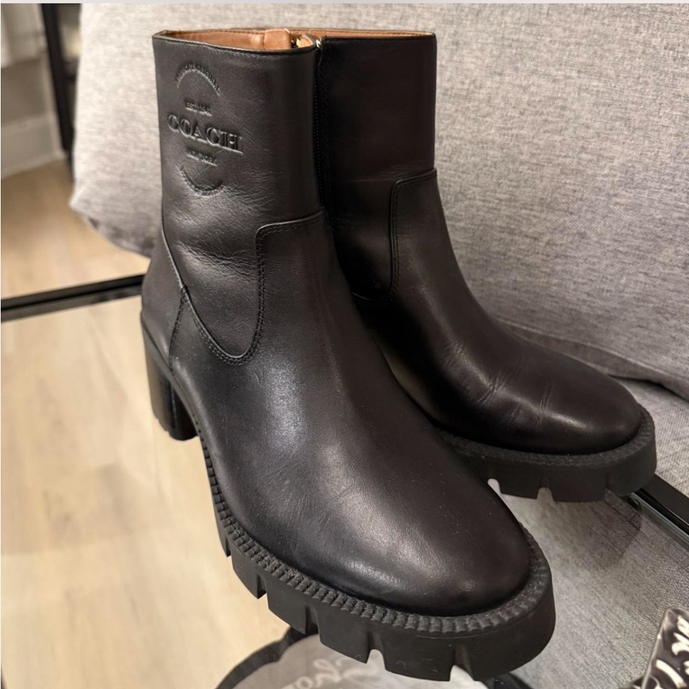 COACH Black Leather Ankle Booties with Block Heel - Picture 2 of 2